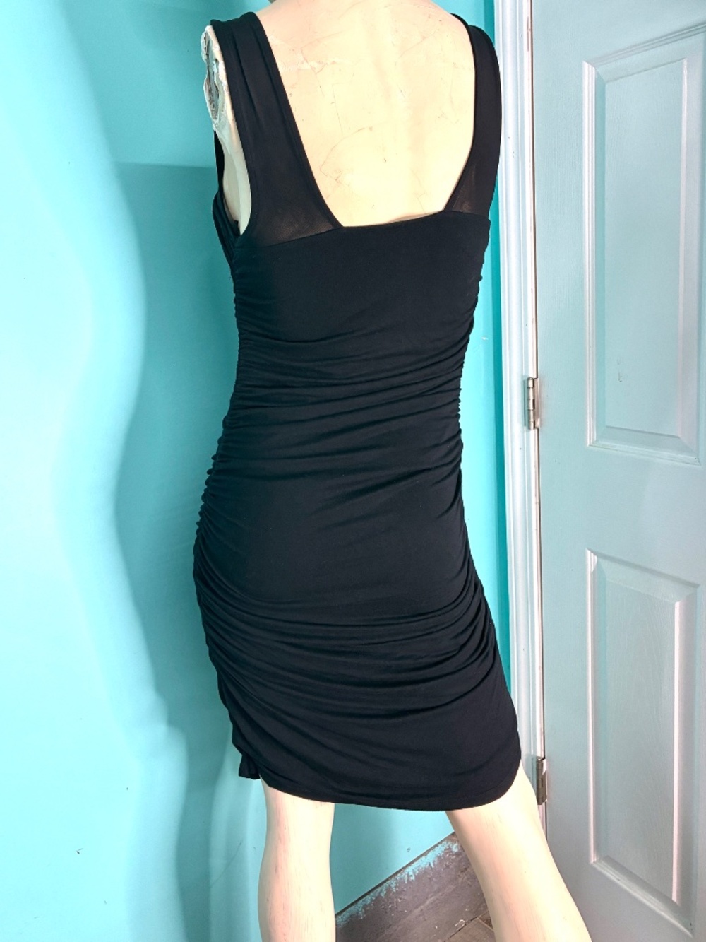 Vtg Y2K EXPRESS "Little Black Dress" Stretch Sexy Asymmetric Ruched Tank Party~S - Picture 3 of 9